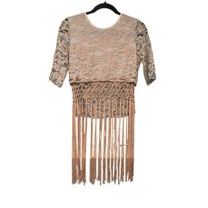 Tesoro Moda Mesh Overlay Top with Fringe Detail, Sz XS